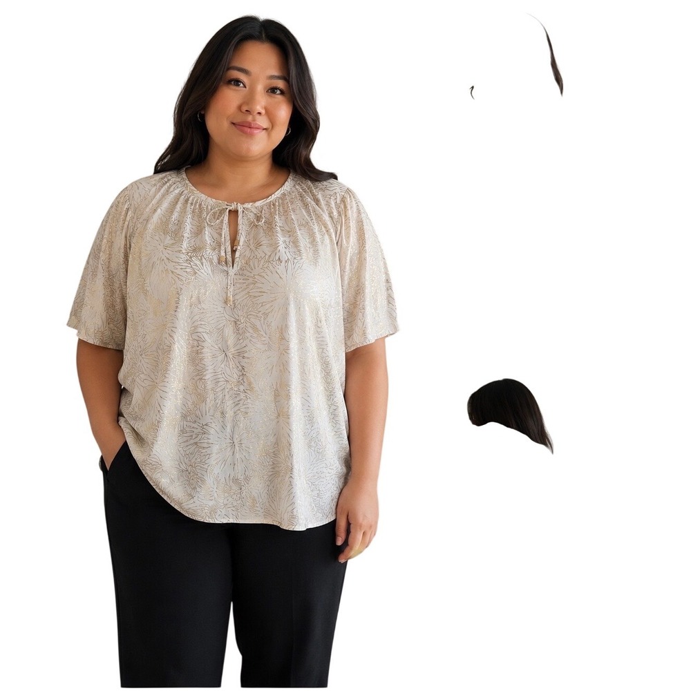Michael Kors Womens 2X White Gold Metallic Palm Leaf Cotton Tie Neck Blouse Top